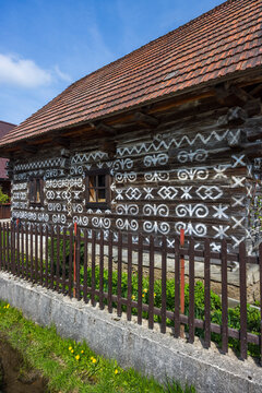 Cicmany painted wooden house displaying folk architecture patterns