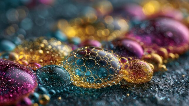 Abstract oil droplets on a dark surface with colorful iridescent bubbles, macro liquid texture, and blurred bokeh highlights.