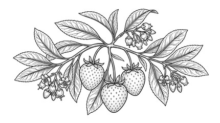 Vintage strawberry botanical illustration, hand drawn garden berry branch with leaves and flowers, black and white line art sketch of wild strawberries © satish