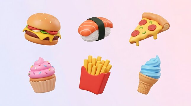 Set of 3D icons featuring fast food items like burger pizza sushi cupcake french fries and ice cream cone