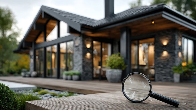 Magnifying glass exploring architectural design of a modern home, finding details in property inspection and real estate investment for housing market analysis