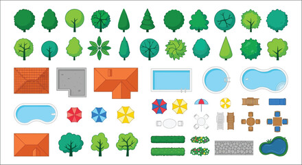 Top down vector illustration of trees buildings swimming pools and landscaping elements on a white background © Sagor