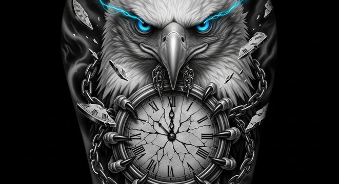 Eagle head with broken clock dark tattoo art