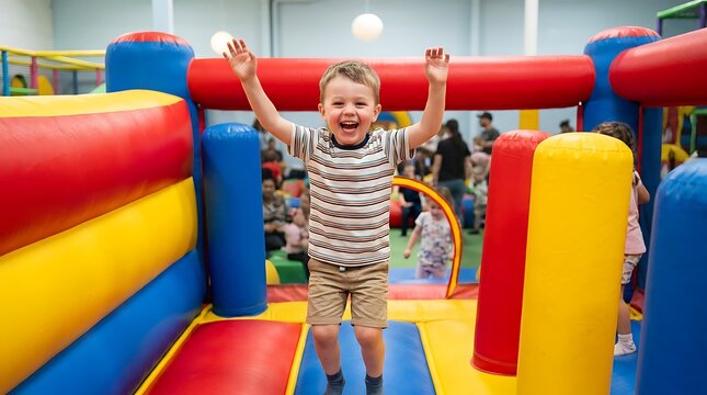 Happy little boy jumping and playing on a colorful inflatable bouncy castle at an indoor children playground