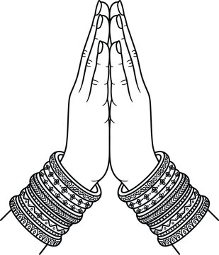 Namaste folded hands with traditional Indian bangles line art