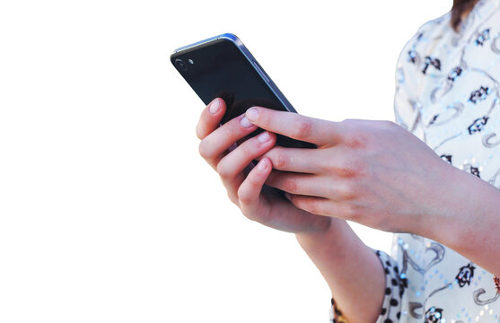 Person typing on a mobile phone screen against a white background.