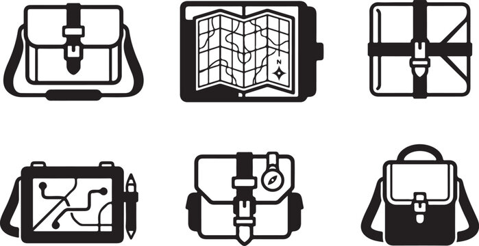 Flat pack icons of backpacks with hiking and travel accessories Vector