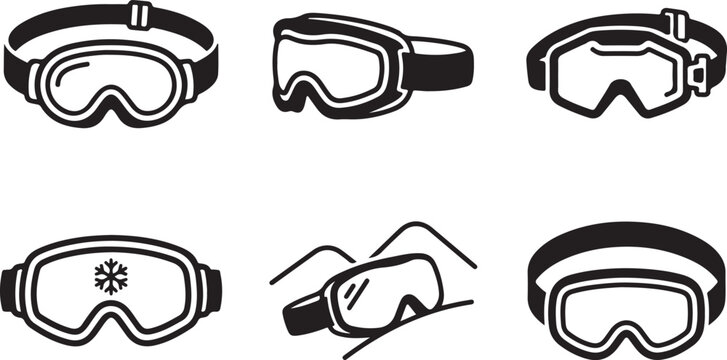 Set of six different ski goggles icons in black and white Vector