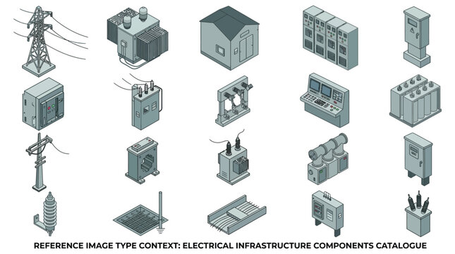 Electrical Infrastructure Components Catalogue Isometric Vector Illustration