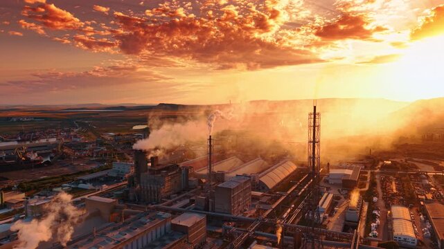 Industrial factory and harbor covered by sunset steam. High angle view of processing buildings, cranes and chimneys beneath layered clouds and amber haze.