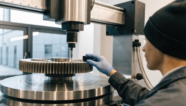 Operator calibrates gear tooth dimensions using a coordinate measuring machine showcasing advanced automated inspection technology in a modern lab.