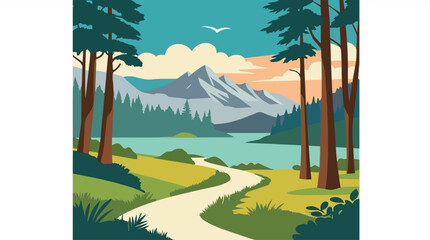 Mountain landscape illustration with winding path and coniferous trees © SERINA AKTHER