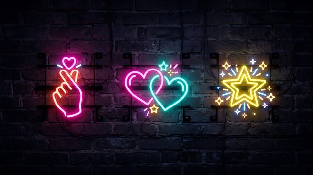 Neon signs of finger heart double hearts and shining star