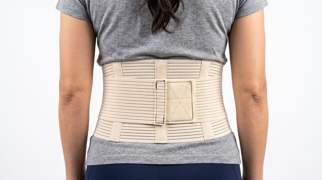 Woman wearing a medical back brace for lumbar support on white background