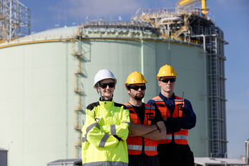 Fototapeta premium Team of engineers and construction workers wearing safety gear collaborating at an industrial site featuring large storage tanks