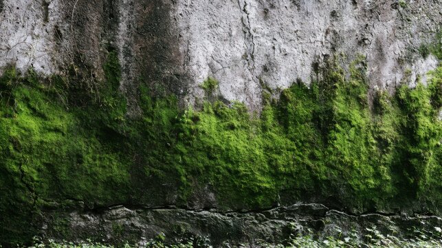 Aged Concrete Wall with Subtle Damp Stains and Green Growth, Capturing the Essence of Weathered Surfaces