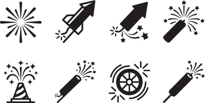 Assorted fireworks and sparklers celebration icons set Vector