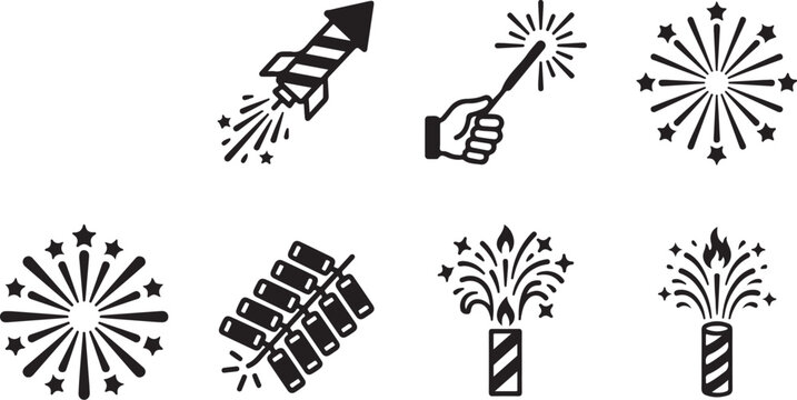 Set of six fireworks and sparkler celebration icons Vector