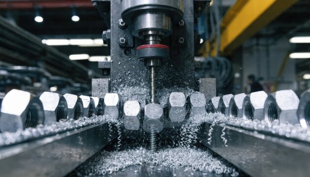 Medium shot of a nut tapping machine precisely cutting internal threads into lock nuts showcasing industrial automation and detailed metalwork in a manufacturing plant.