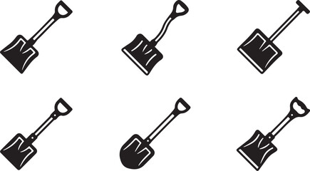 Six black shovel icons with different handle styles in a row Vector © mahafuza