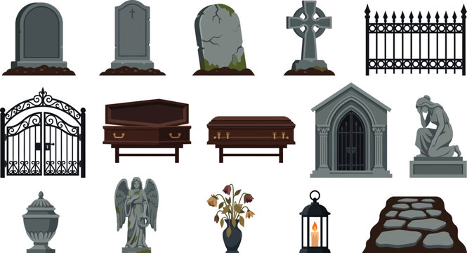 Set of cemetery related vector graphic elements including tombstones coffins gates mausoleums angel statues and lanterns for spooky funeral designs