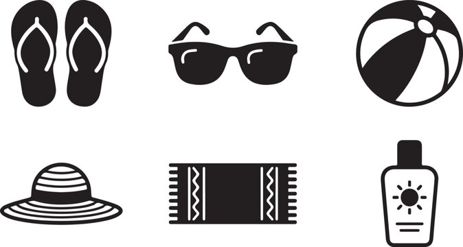 Flat beach vacation icons set with flip flops and sunscreen Vector