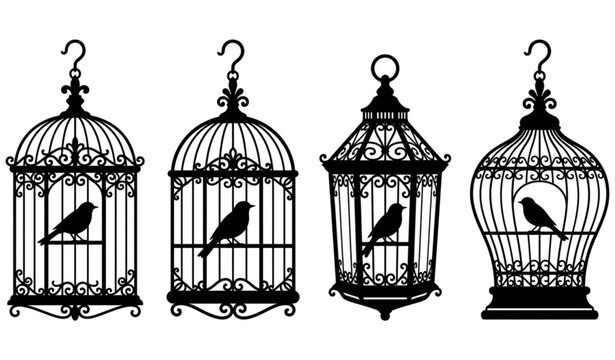 Vintage birdcage silhouettes with perched birds vector set isolated on white background