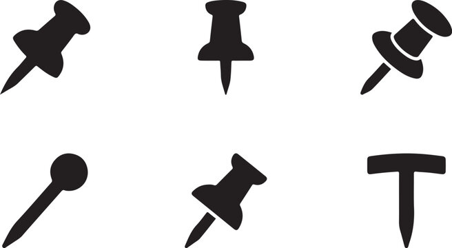 Set of six different push pins or thumbtacks in black and white Vector