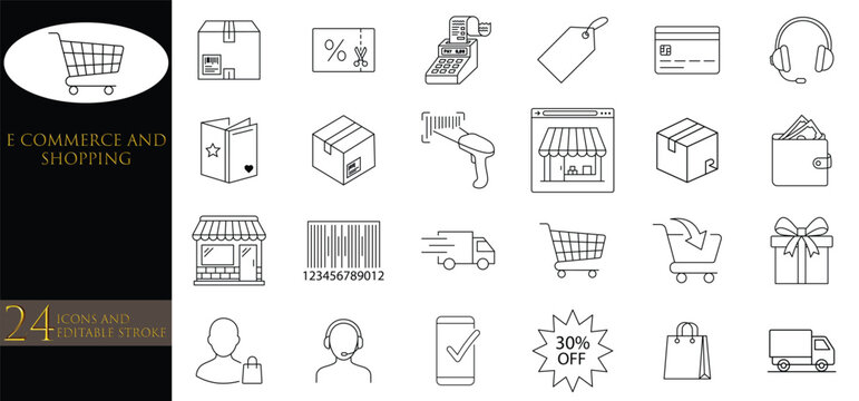 ​E-commerce and shopping line icon pack vector set for online retail and delivery service with editable stroke including cardboard box barcode scanner shopping cart gift box and store front objects.