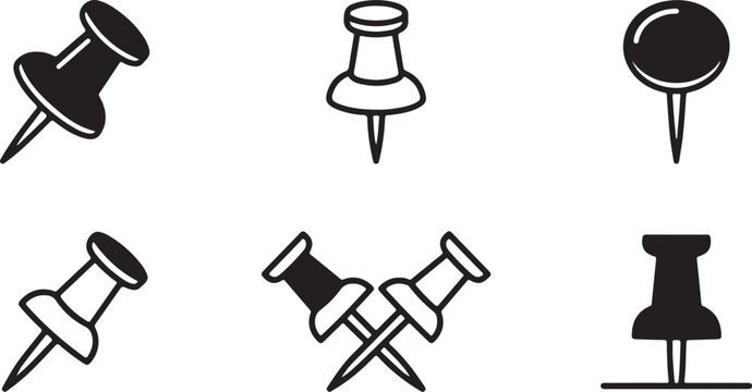 Black push pins and thumbtacks in various styles Vector