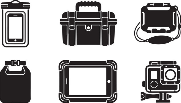 Waterproof cases for phones, tablets, and cameras in protective gear set Vector