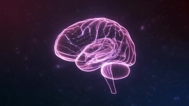 3d animated brain rotating in dark space with neon glow