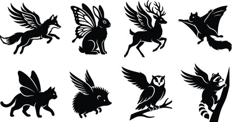 Naklejka premium Fantasy Winged Animal Silhouette Icon Set with Mythical Forest Creatures and Flying Wildlife