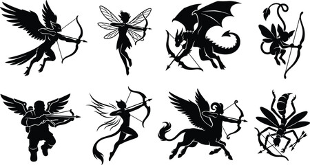 Fototapeta premium Mythical Cupid and Fantasy Archer Silhouette Icon Set with Winged Magical Creatures Collection