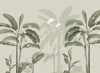 Minimalist Tropical Banana Trees and Birds Botanical Wallpaper Vector