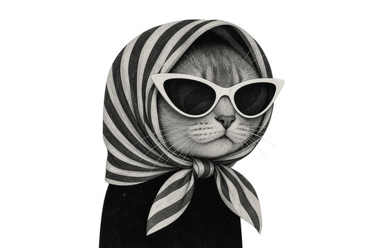 Stylish cat wearing striped headscarf and vintage sunglasses monochrome portrait
