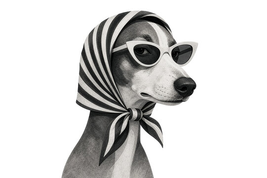 Elegant greyhound dog wearing striped headscarf and sunglasses vintage portrait
