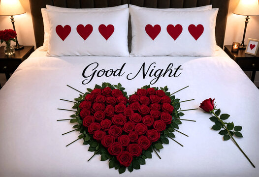 Romantic bedroom setup with heartshaped red roses and good night message on bed