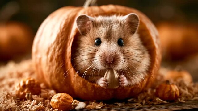 Cute Hamster Eating Seed Inside Tiny Pumpkin Halloween Macro