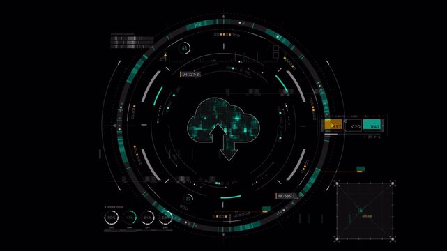 Motion graphic of HUD digital interface showing a cloud storage icon with alpha channel included, tailored for secure online database systems and remote network communications.