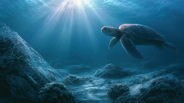 Sunlit sea turtle swims in blue waters, contrasting vibrant marine life with entangled fishing nets and dead fish.