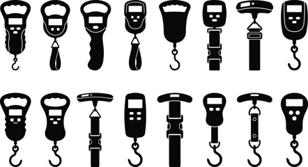 Set of various handheld digital luggage scales and fishing scales in flat icon styl © Ananya