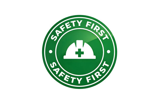 Green safety first logo. Safety emblem with hard hat and cross. Industrial safety symbol.