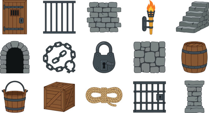 Collection of medieval dungeon themed vector graphic elements featuring wooden doors stone walls heavy chains and iron locked jail bars