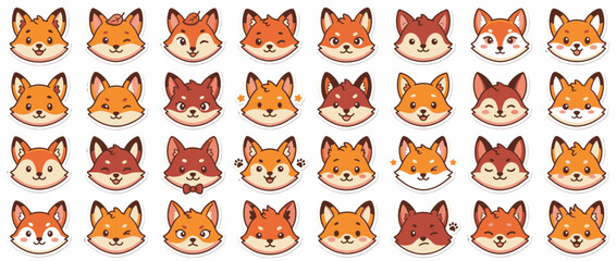 Fototapeta premium Cute Fox Faces Collection: Various Emotions and Expressions, Cartoon Style