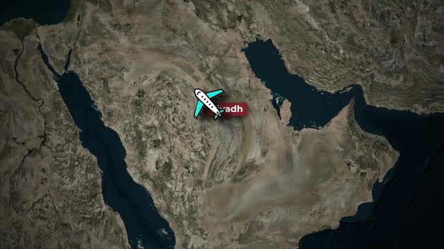 Airplane Flight Path Animation Riyadh to Paris on Satellite Map
