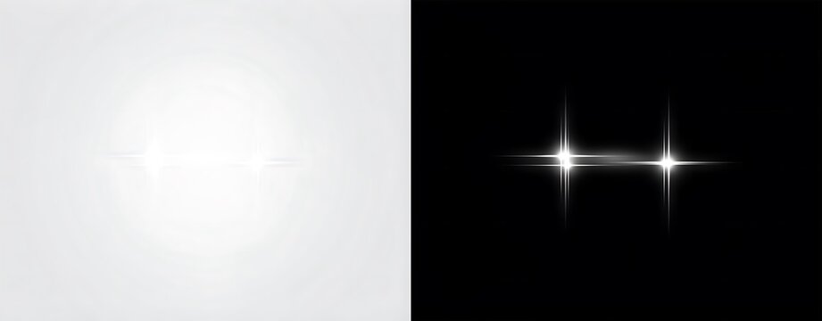 Bright light and starburst effects on white and black backgrounds for graphic design and visual effects in photography and digital art  light and shadow play
