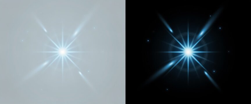 Shining star with rays and lens flares on gray and black backgrounds  starburst effect with bright light and radial lines