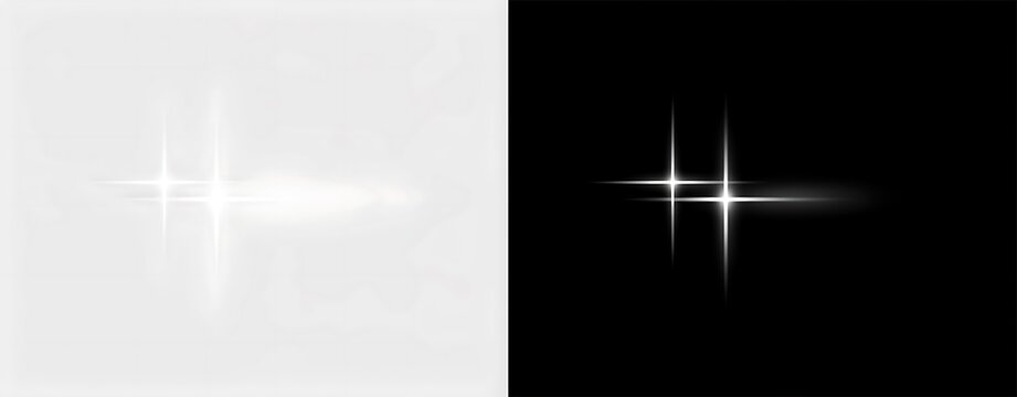 Bright shiny white starburst effect on gray and black backgrounds for graphic design  abstract light flare