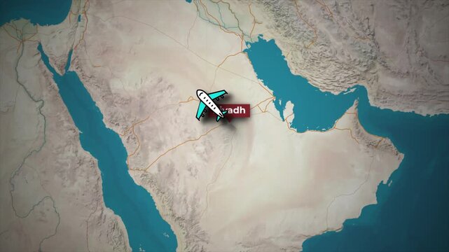Airplane Flight Route Animation from Riyadh to Paris on Topographical Map
